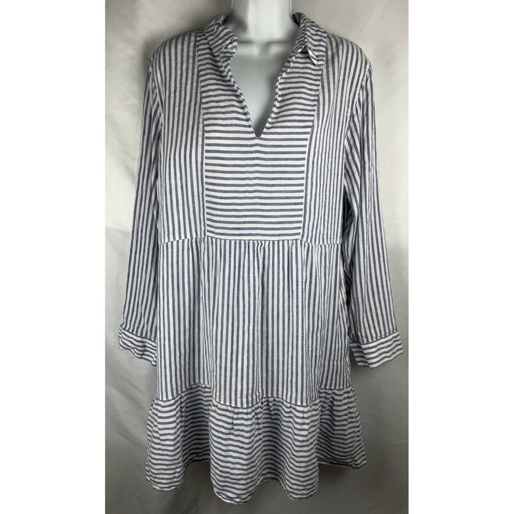 Tommy Bahama Size L St. Lucia Linen Blend Striped Collared Tunic Dress Ruffled